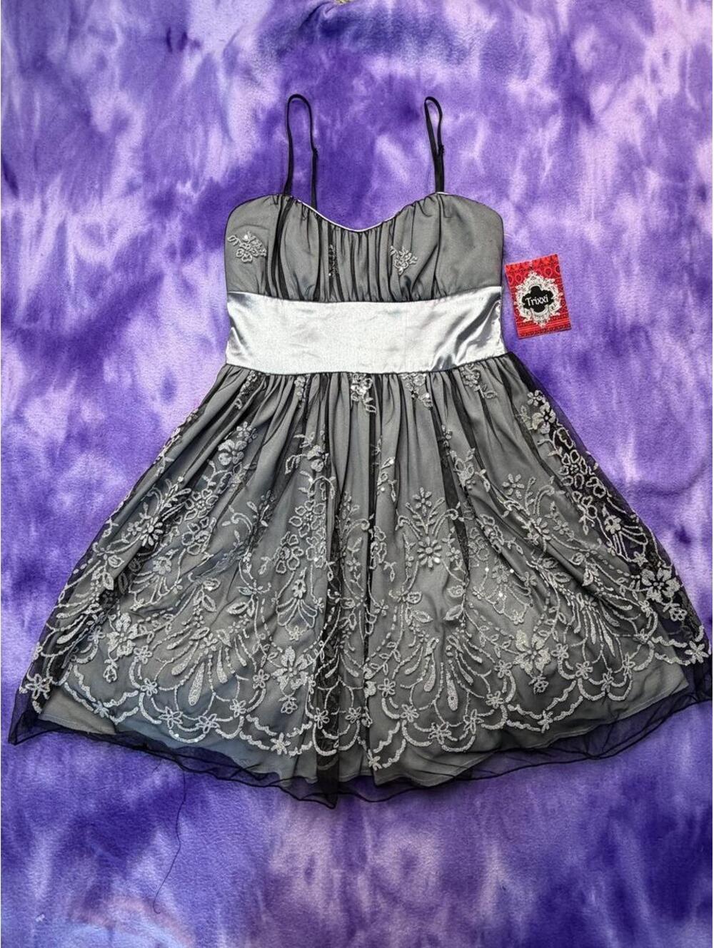 Trixxi gray dress with black mesh overlay silver floral beading